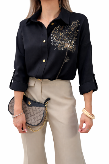 Koszula damska czarna elegancka haft koperek złoty luźna guziki